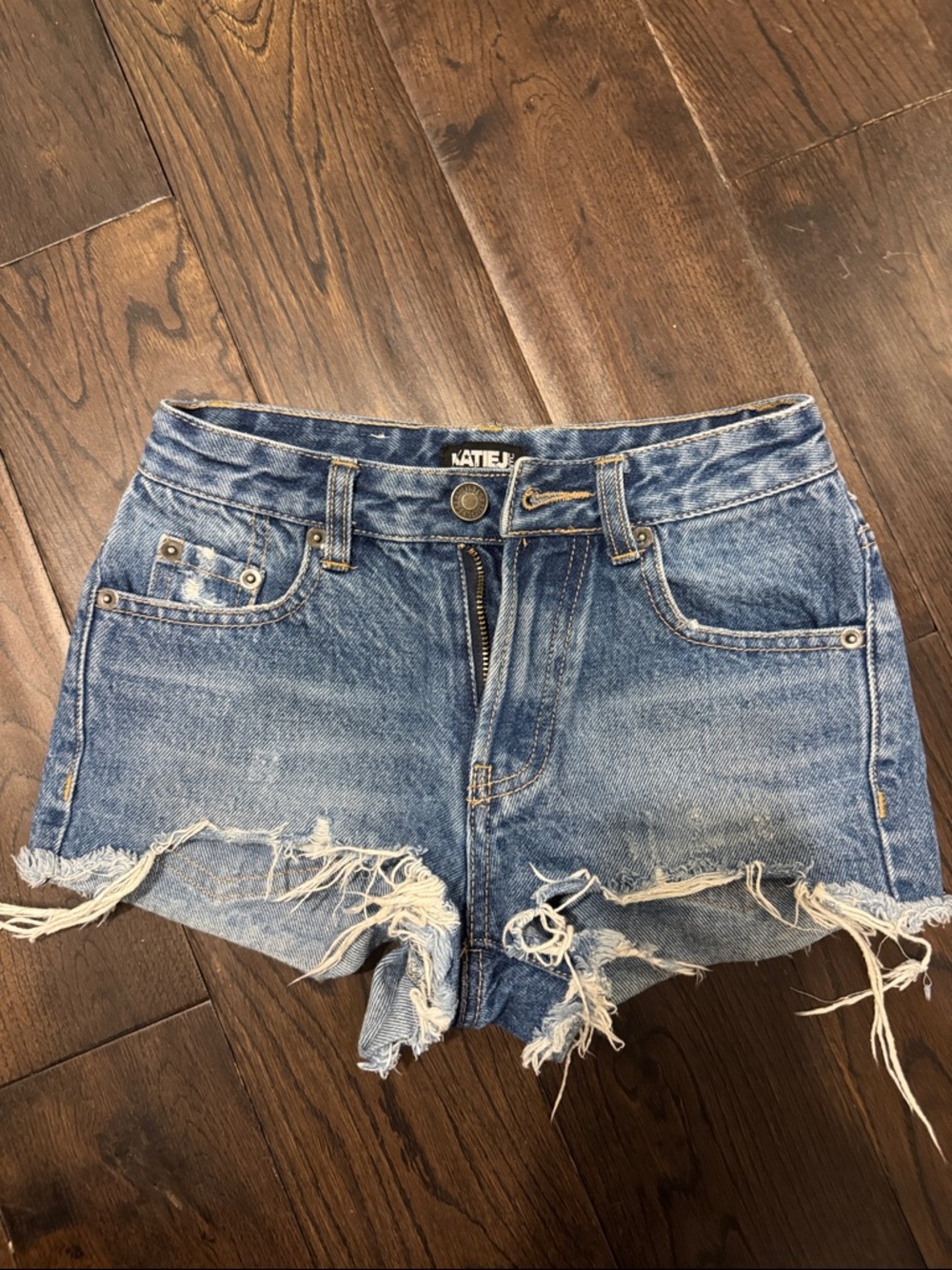 Katie J NYC Frayed Light Blue Denim Shorts